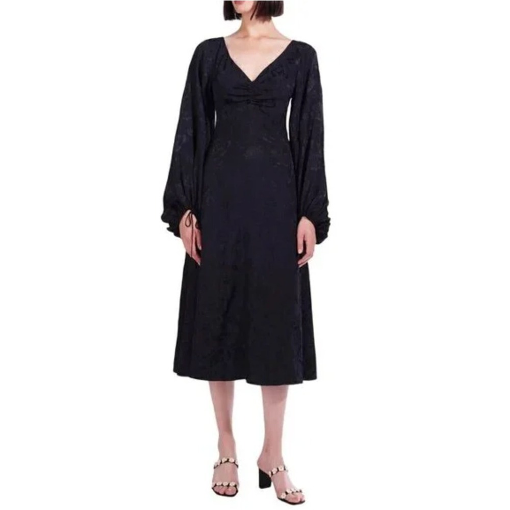 STAUD Black Floral‎ Jacquard Midi Sofia Dress Ruched Bust Size 8 Whimsigoth Vamp
